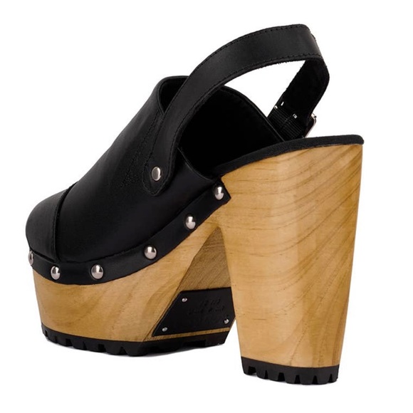 Black Slingback High Block Platform Heeled Organic Cotton Lined Clogs - Picture 2 of 6